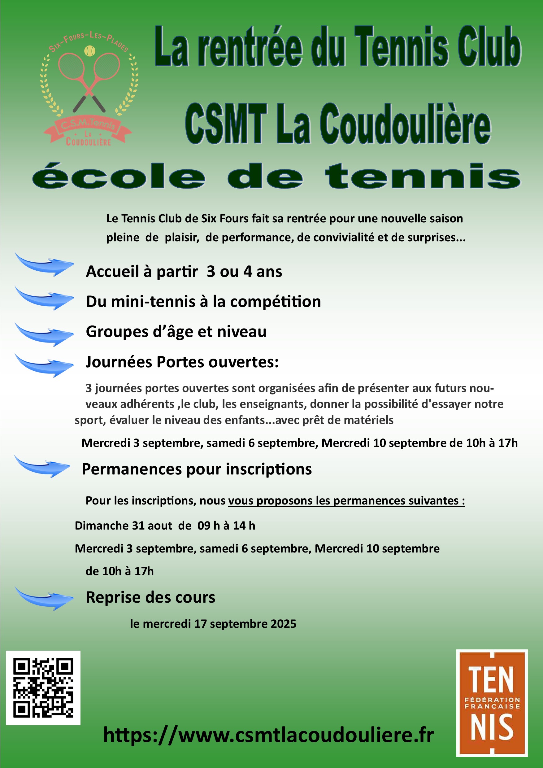 Affiche rentree ecole de tennis 2025 2026 avec QR code