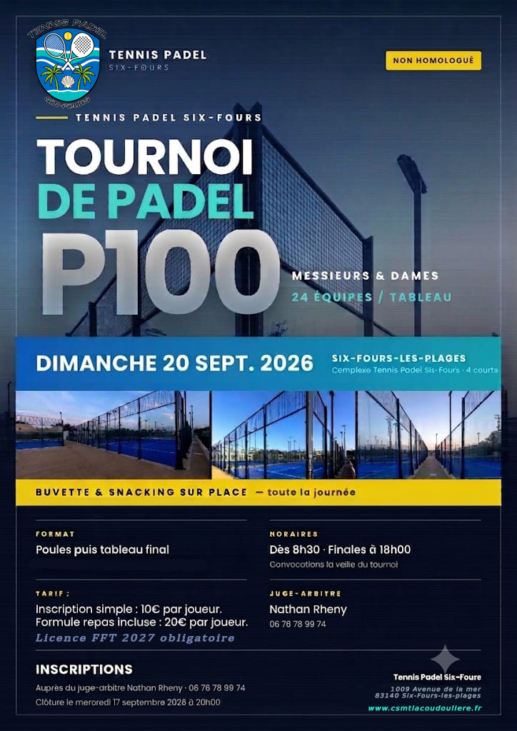 Tournoi de Padel P100 Messieurs et Dames - dimanche 20 septembre 2026